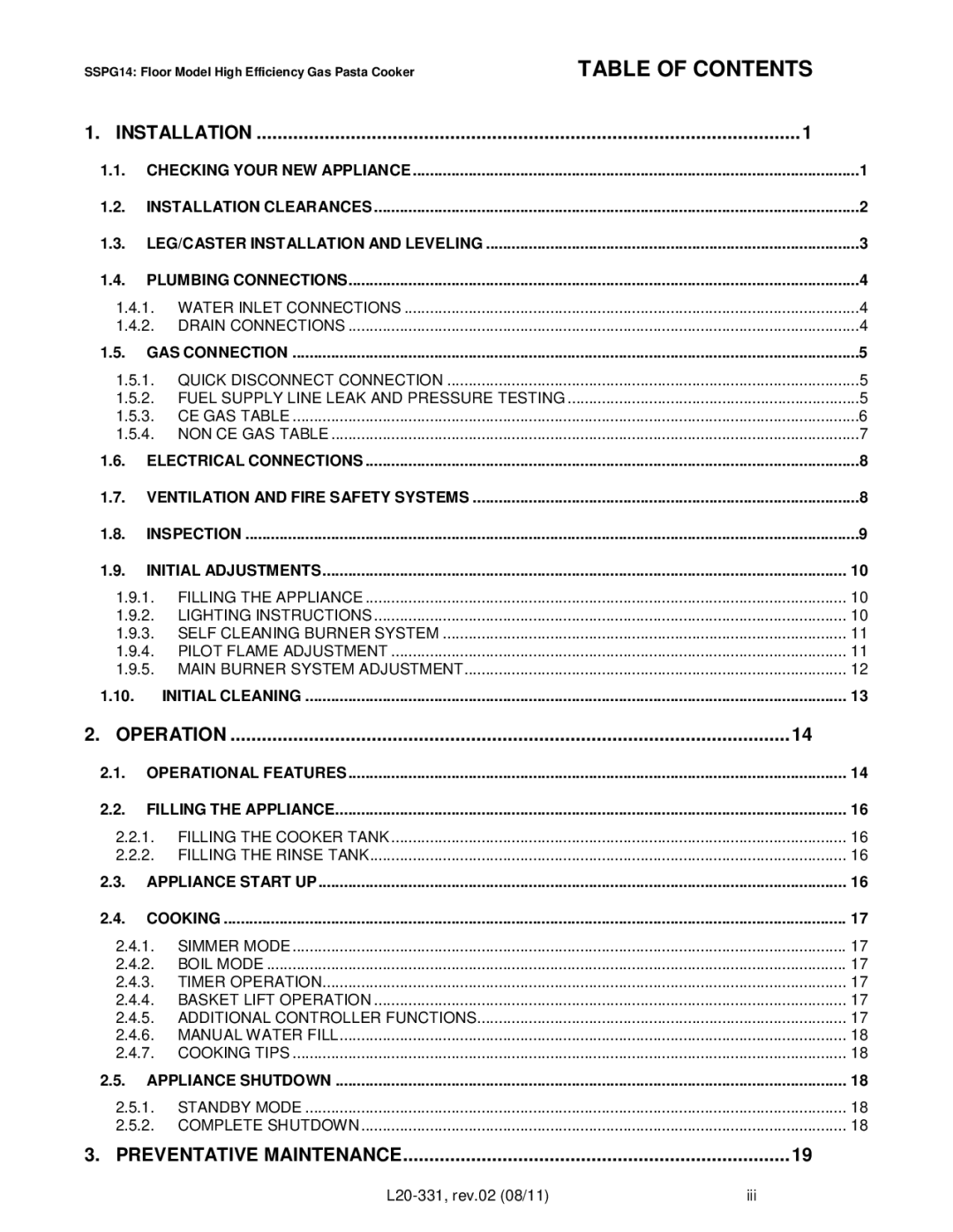 Pitco Frialator SSPG14, SSRS14 operation manual Table of Contents 