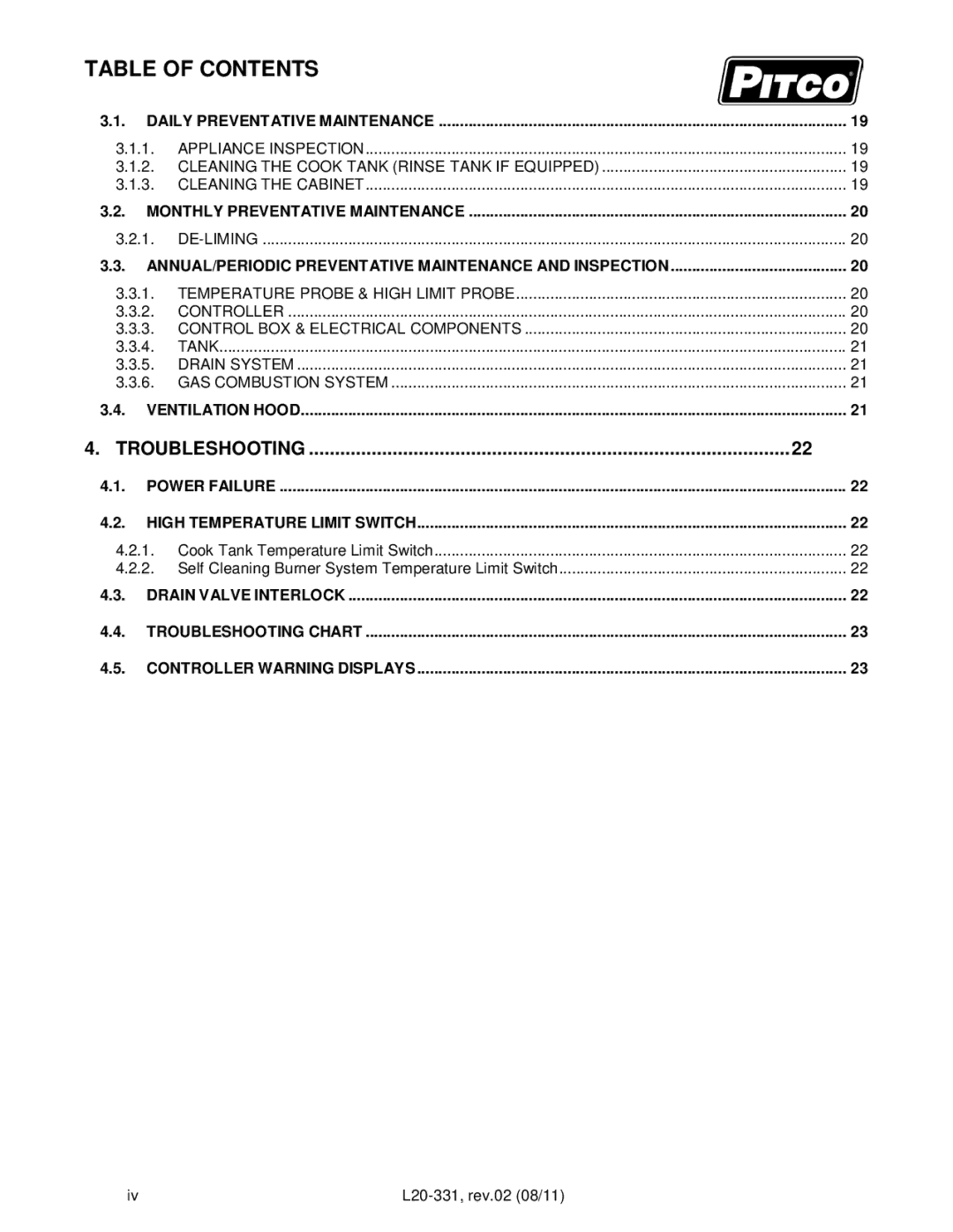 Pitco Frialator SSRS14, SSPG14 operation manual Table of Contents 