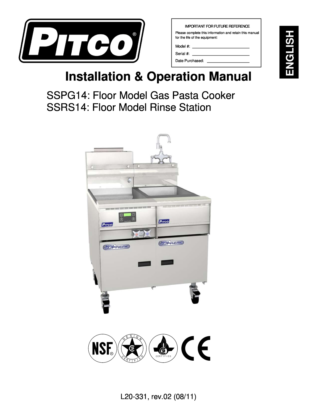 Pitco Frialator operation manual L20-331,rev.02 08/11, SSPG14 Floor Model Gas Pasta Cooker, English, Model #, Serial # 