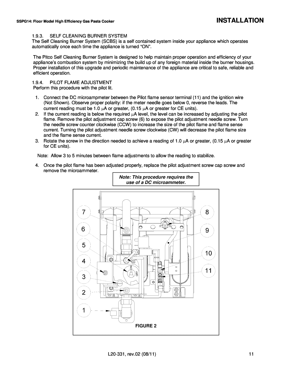 Pitco Frialator SSPG14, SSRS14 operation manual Installation, Note This procedure requires the, use of a DC microammeter 