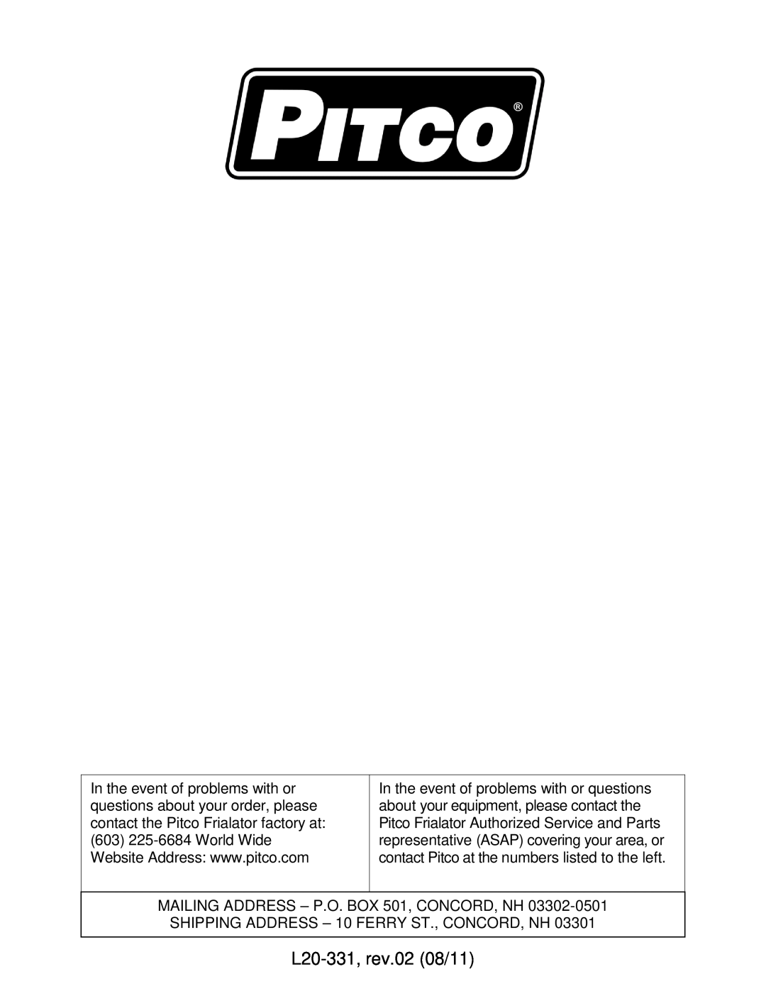 Pitco Frialator SSRS14, SSPG14 operation manual L20-331,rev.02 08/11, 603225-6684World Wide 