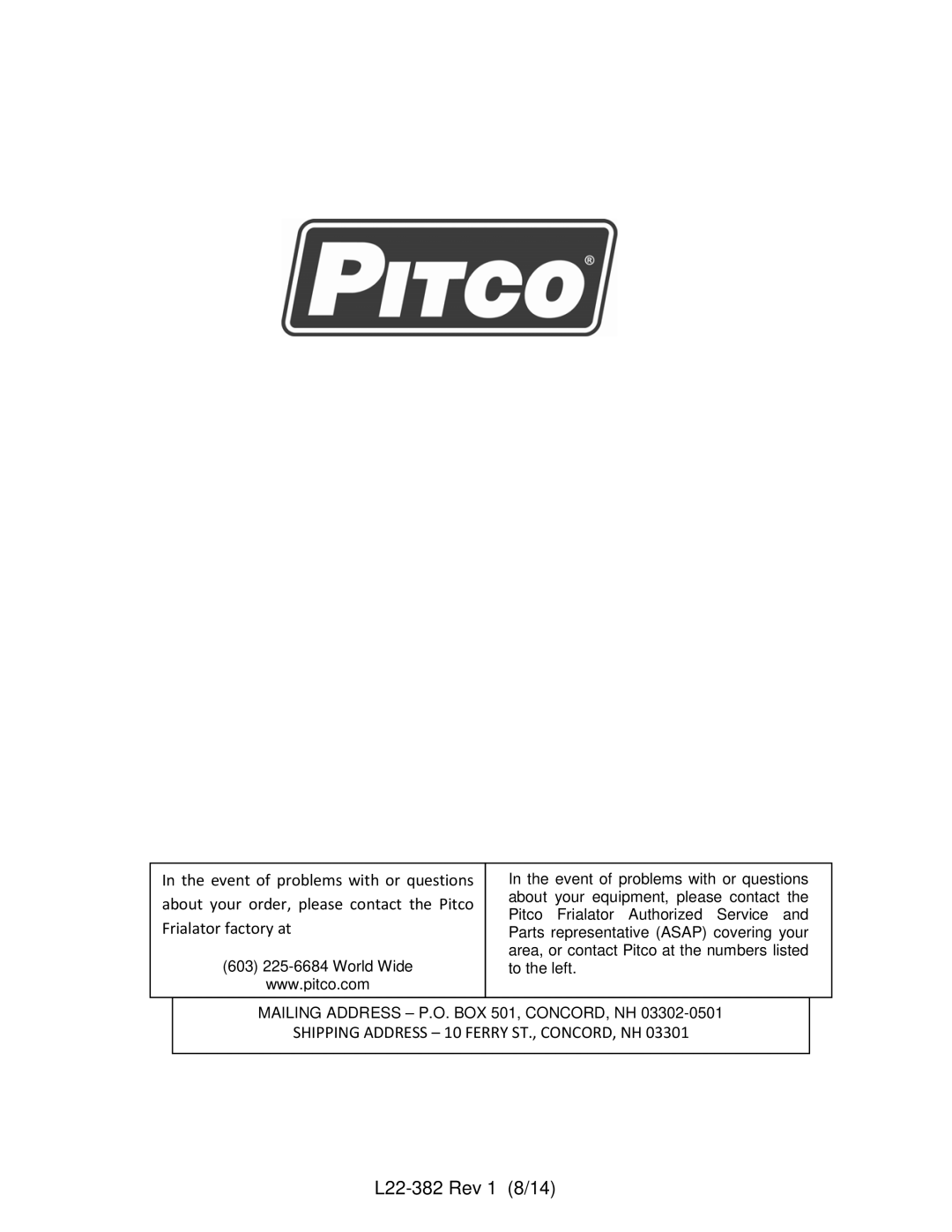 Pitco Frialator VF35 manual Shipping Address 10 Ferry ST., CONCORD, NH 