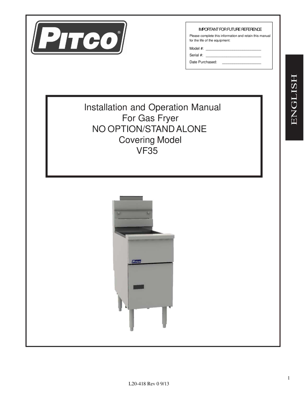 Pitco Frialator VF35 operation manual No OPTION/STAND Alone 