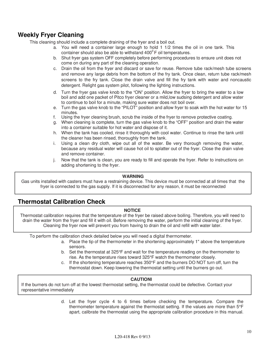 Pitco Frialator VF35 operation manual Weekly Fryer Cleaning, Thermostat Calibration Check 