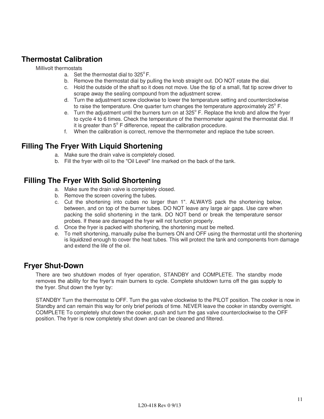 Pitco Frialator VF35 operation manual Thermostat Calibration, Filling The Fryer With Liquid Shortening, Fryer Shut-Down 