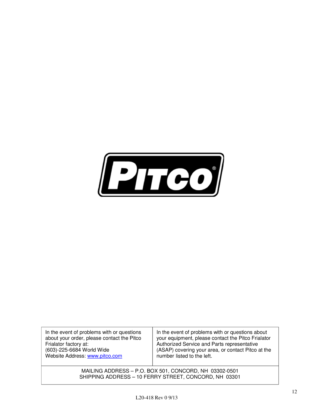 Pitco Frialator VF35 operation manual L20-418 Rev 0 9/13 