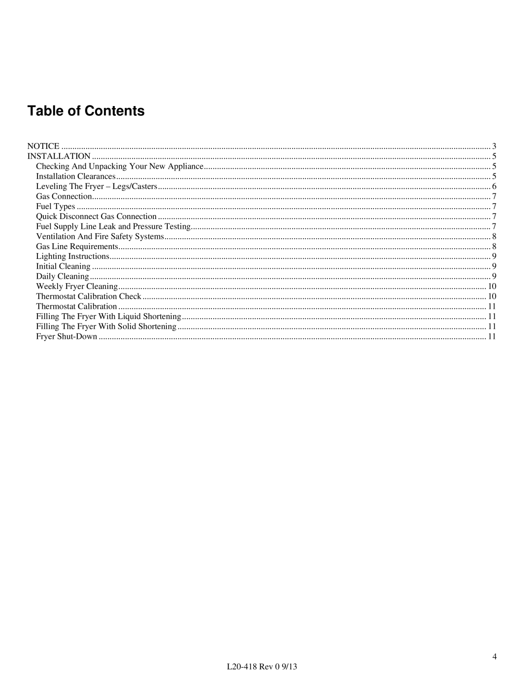 Pitco Frialator VF35 operation manual Table of Contents 