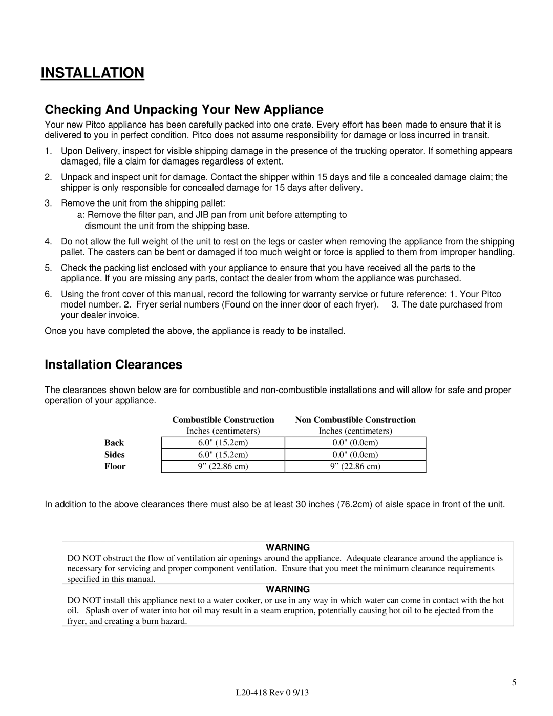 Pitco Frialator VF35 operation manual Checking And Unpacking Your New Appliance, Installation Clearances 