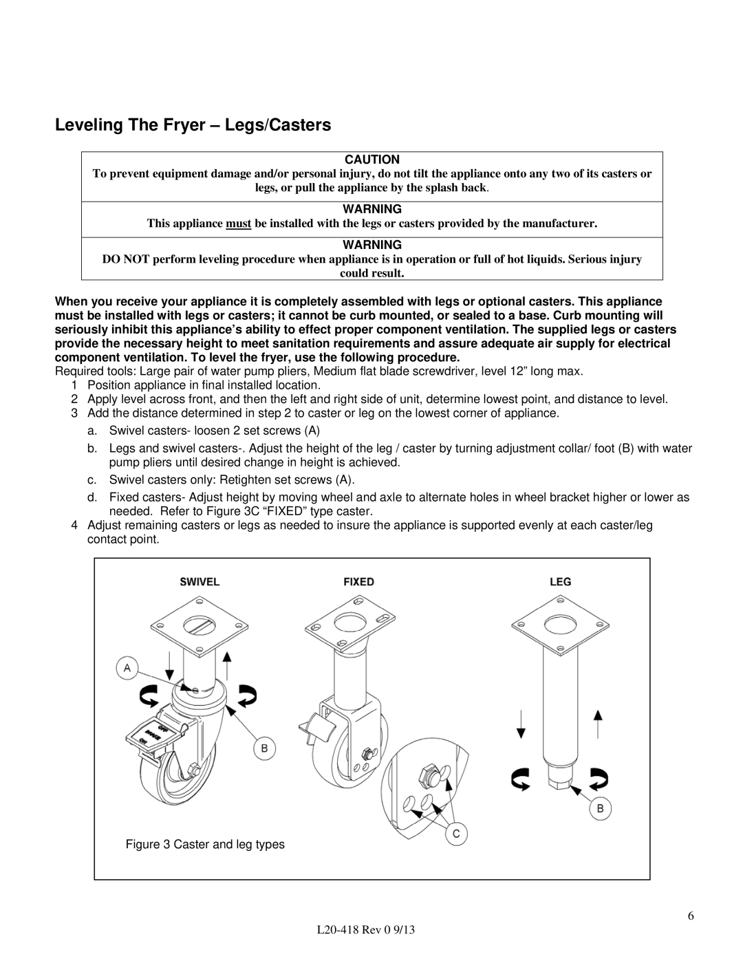 Pitco Frialator VF35 operation manual Leveling The Fryer Legs/Casters, Caster and leg types 