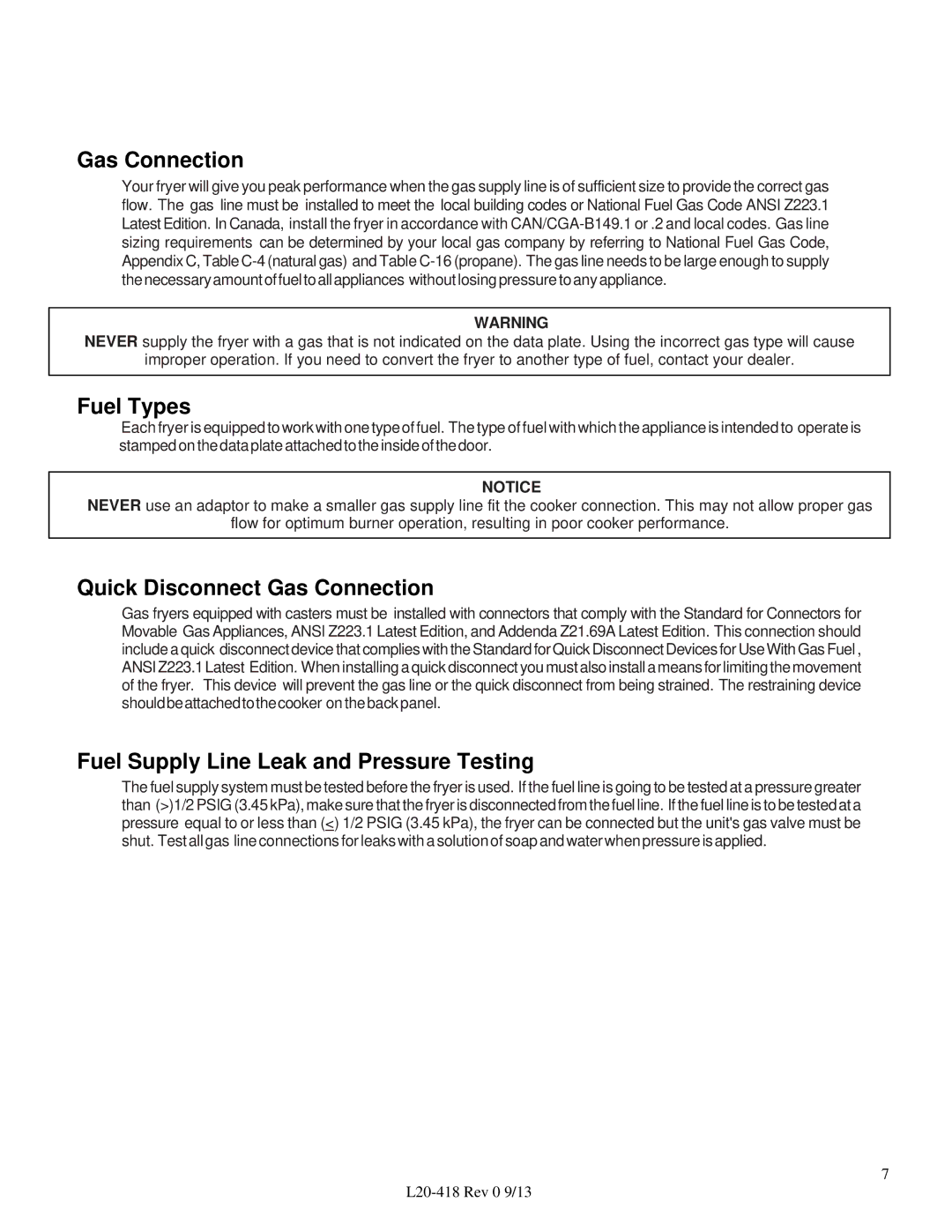 Pitco Frialator VF35 Fuel Types, Quick Disconnect Gas Connection, Fuel Supply Line Leak and Pressure Testing 