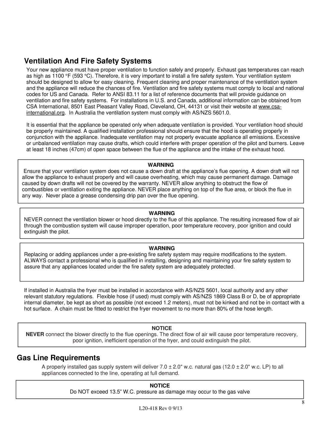 Pitco Frialator VF35 operation manual Ventilation And Fire Safety Systems, Gas Line Requirements 