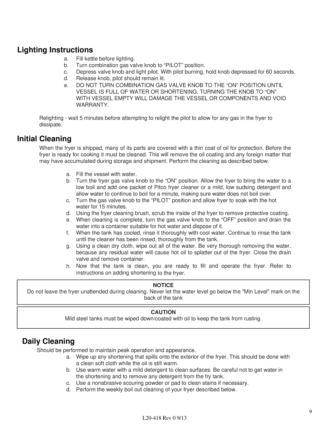 Pitco Frialator VF35 operation manual Lighting Instructions, Initial Cleaning, Daily Cleaning 