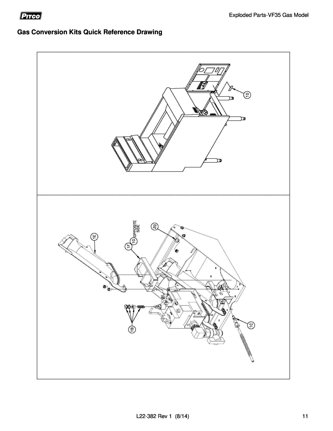 Pitco Frialator manual Gas Conversion Kits Quick Reference Drawing, Exploded Parts-VF35Gas Model, L22-382Rev 1 8/14 