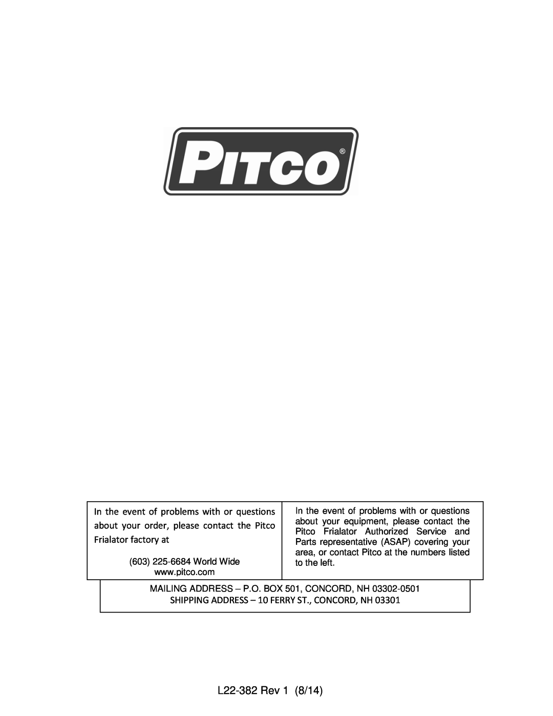 Pitco Frialator VF35 manual L22-382Rev 1 8/14, SHIPPING ADDRESS – 10 FERRY ST., CONCORD, NH 