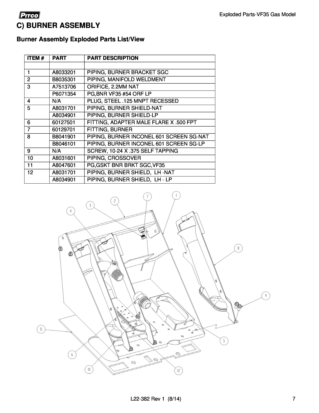 Pitco Frialator VF35 manual C Burner Assembly, Burner Assembly Exploded Parts List/View, Item #, Part Description 