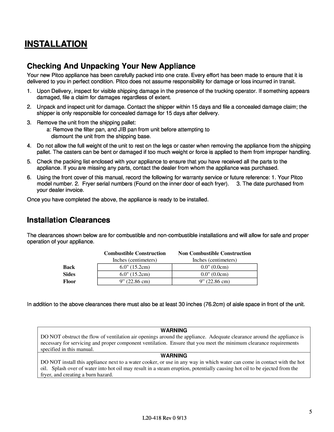 Pitco Frialator VF35 operation manual Checking And Unpacking Your New Appliance, Installation Clearances 