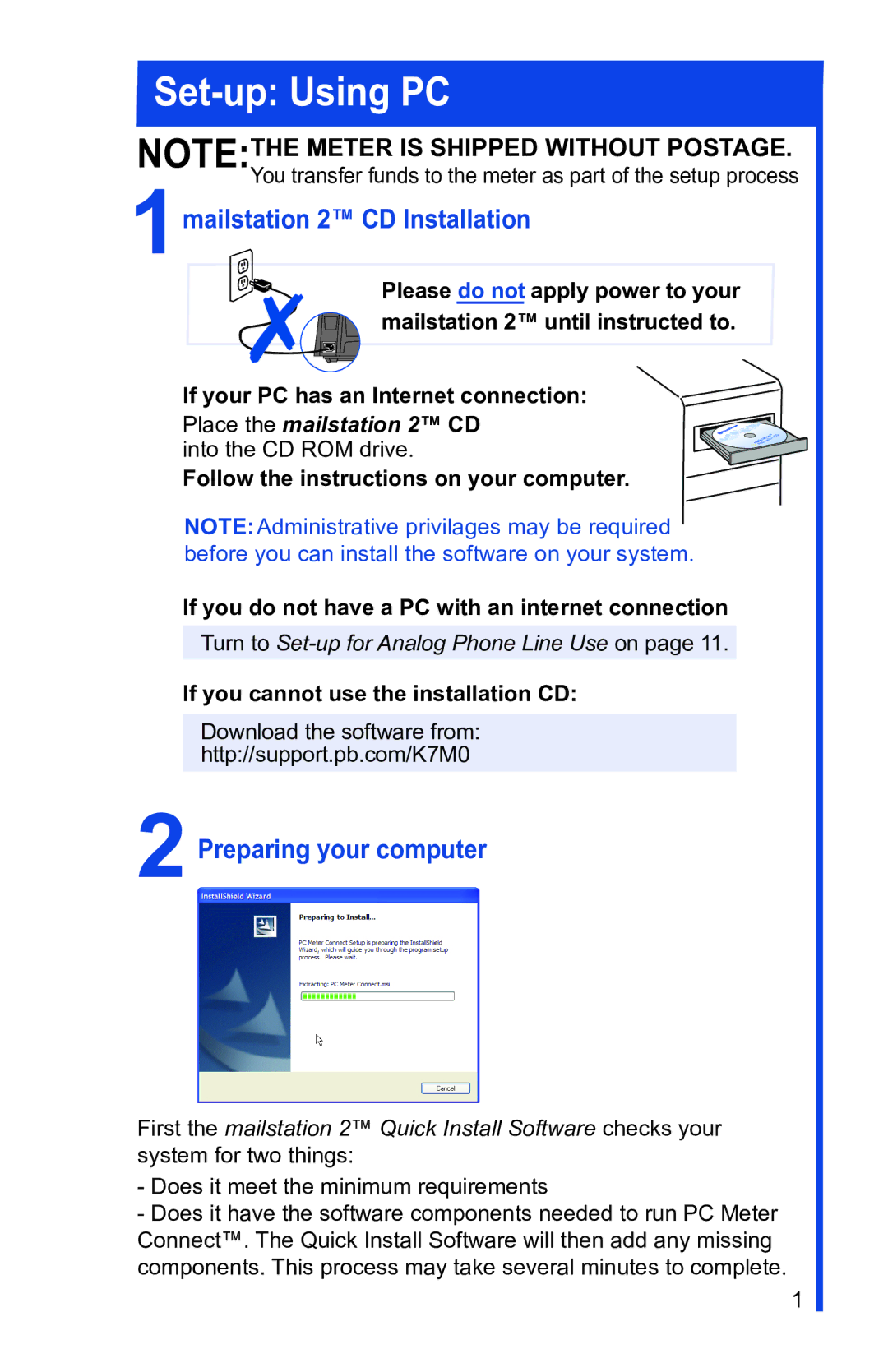 Pitney Bowes manual 1mailstation 2 CD Installation, Preparing your computer 