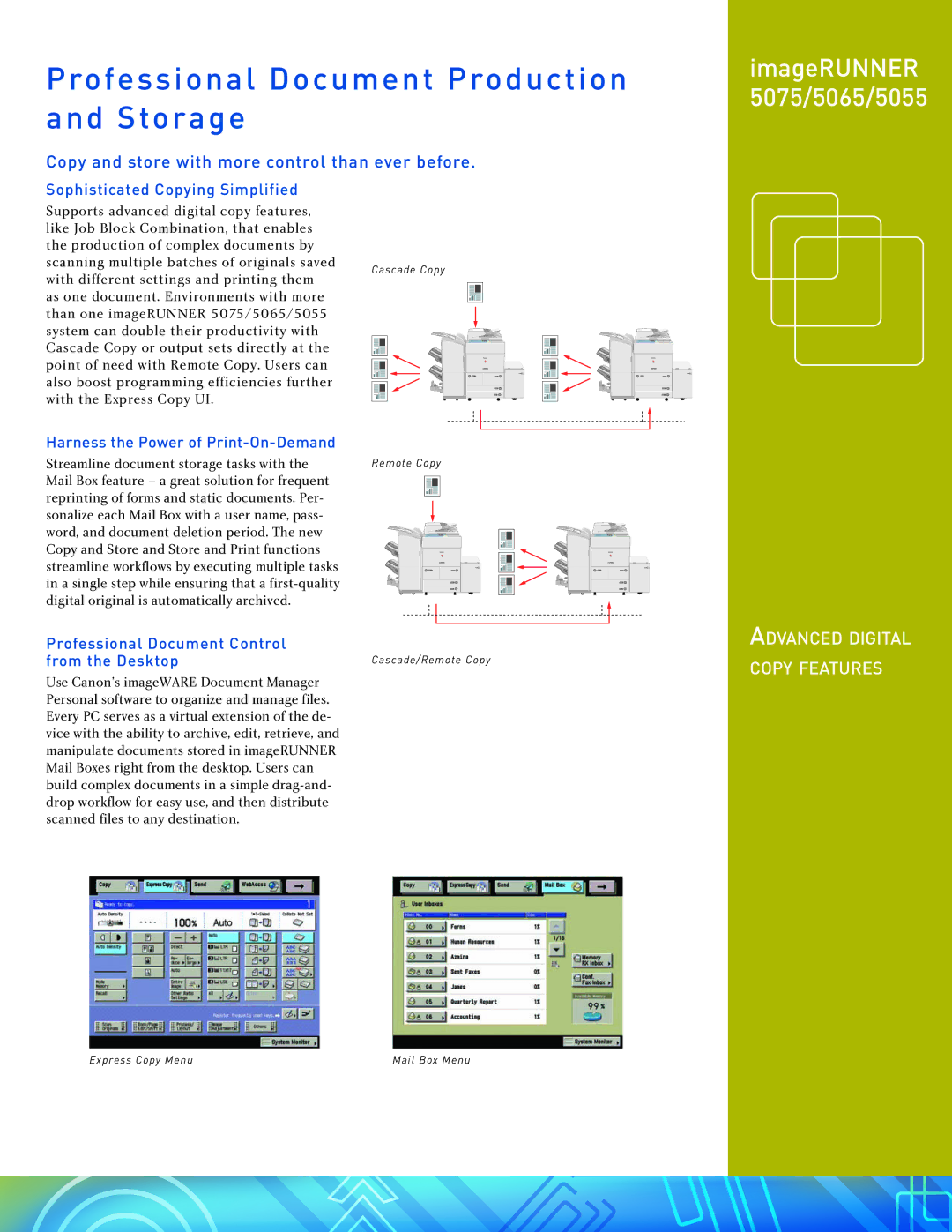 Pitney Bowes 5075, 5065, 5055 manual Professional Document Production and Storage, Advanced digital copy features 