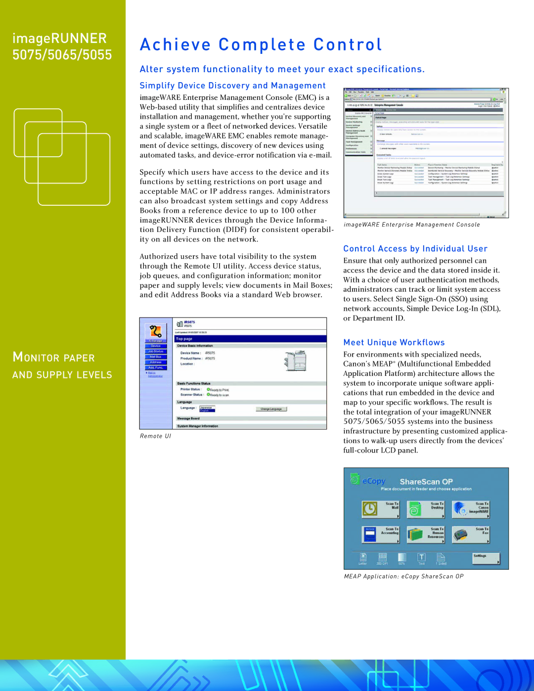 Pitney Bowes 5075, 5065, 5055 Achieve Complete Control, Monitor paper and supply levels, Control Access by Individual User 