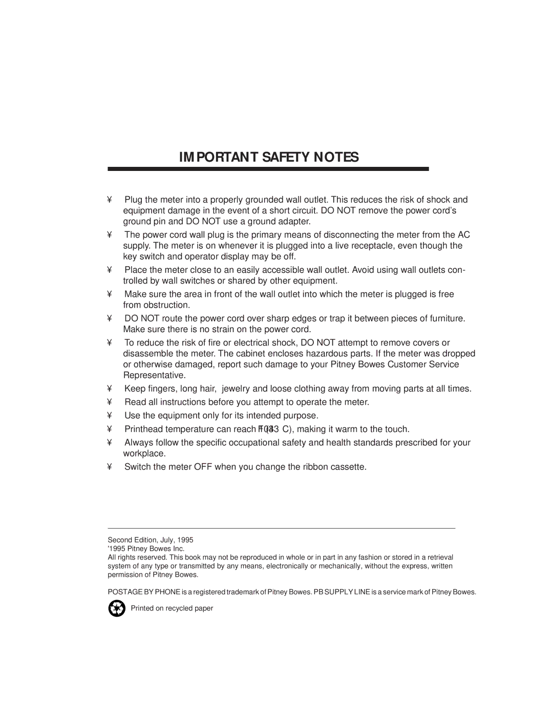 Pitney Bowes B700 quick start Important Safety Notes 