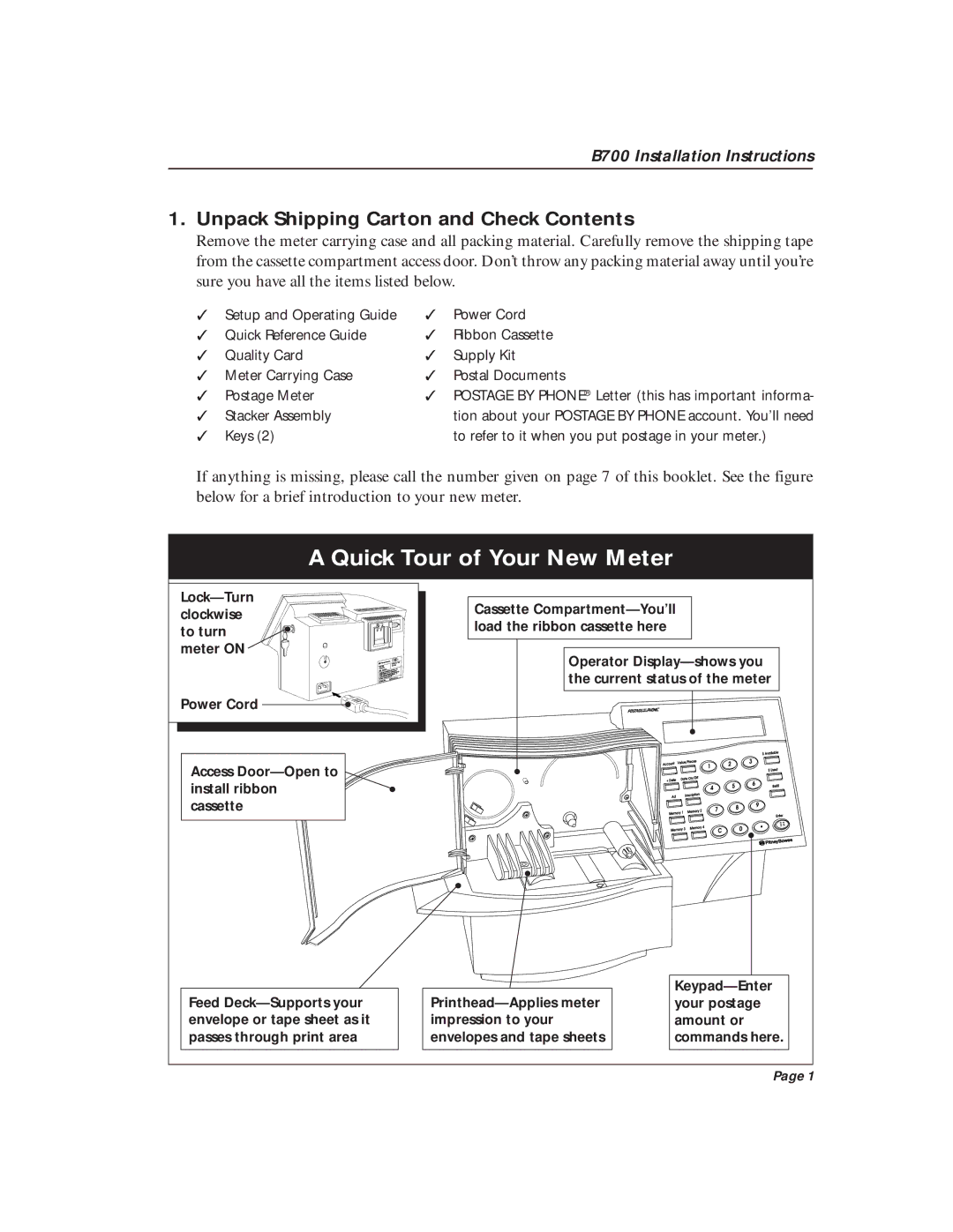 Pitney Bowes B700 quick start Quick Tour of Your New Meter, Unpack Shipping Carton and Check Contents 