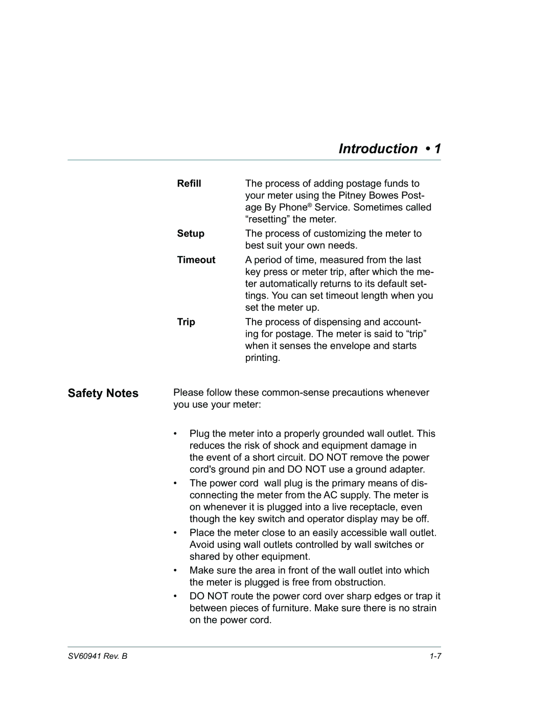 Pitney Bowes B702 manual Safety Notes, Refill, Setup, Timeout, Trip 