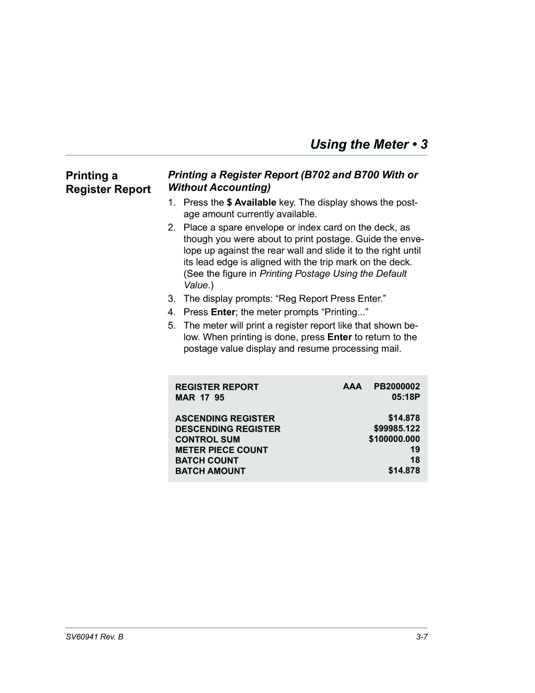 Pitney Bowes B702 manual Printing a Register Report 