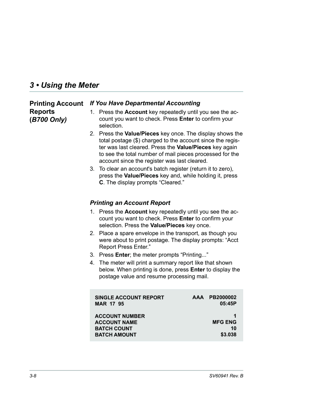 Pitney Bowes B702 manual Printing Account Reports, If You Have Departmental Accounting, Printing an Account Report 