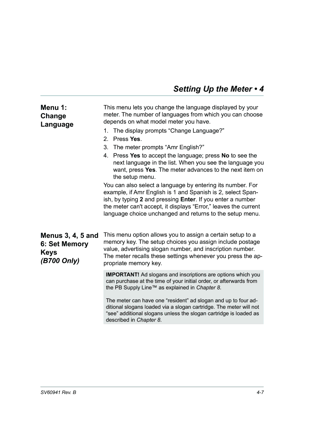 Pitney Bowes B702 manual Menu Change Language Menus 3, 4, 5 Set Memory Keys 