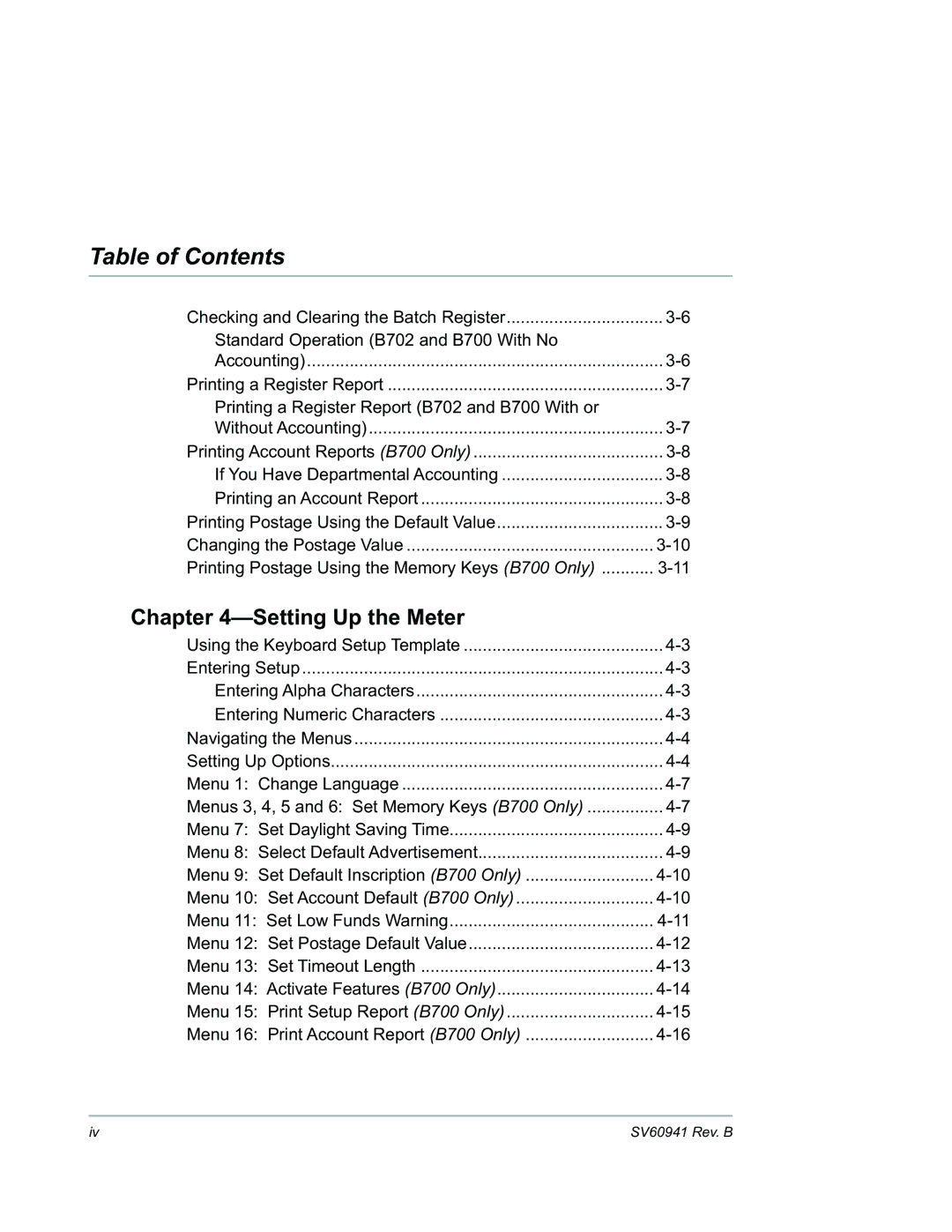 Pitney Bowes B702 manual Table of Contents 