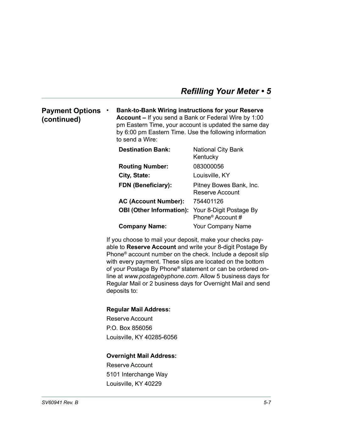 Pitney Bowes B702 manual Destination Bank, City, State, FDN Beneficiary, AC Account Number, OBI Other Information 