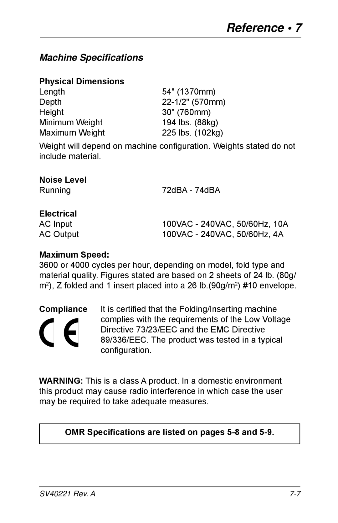 Pitney Bowes D1600, D1500 manual Machine Specifications 