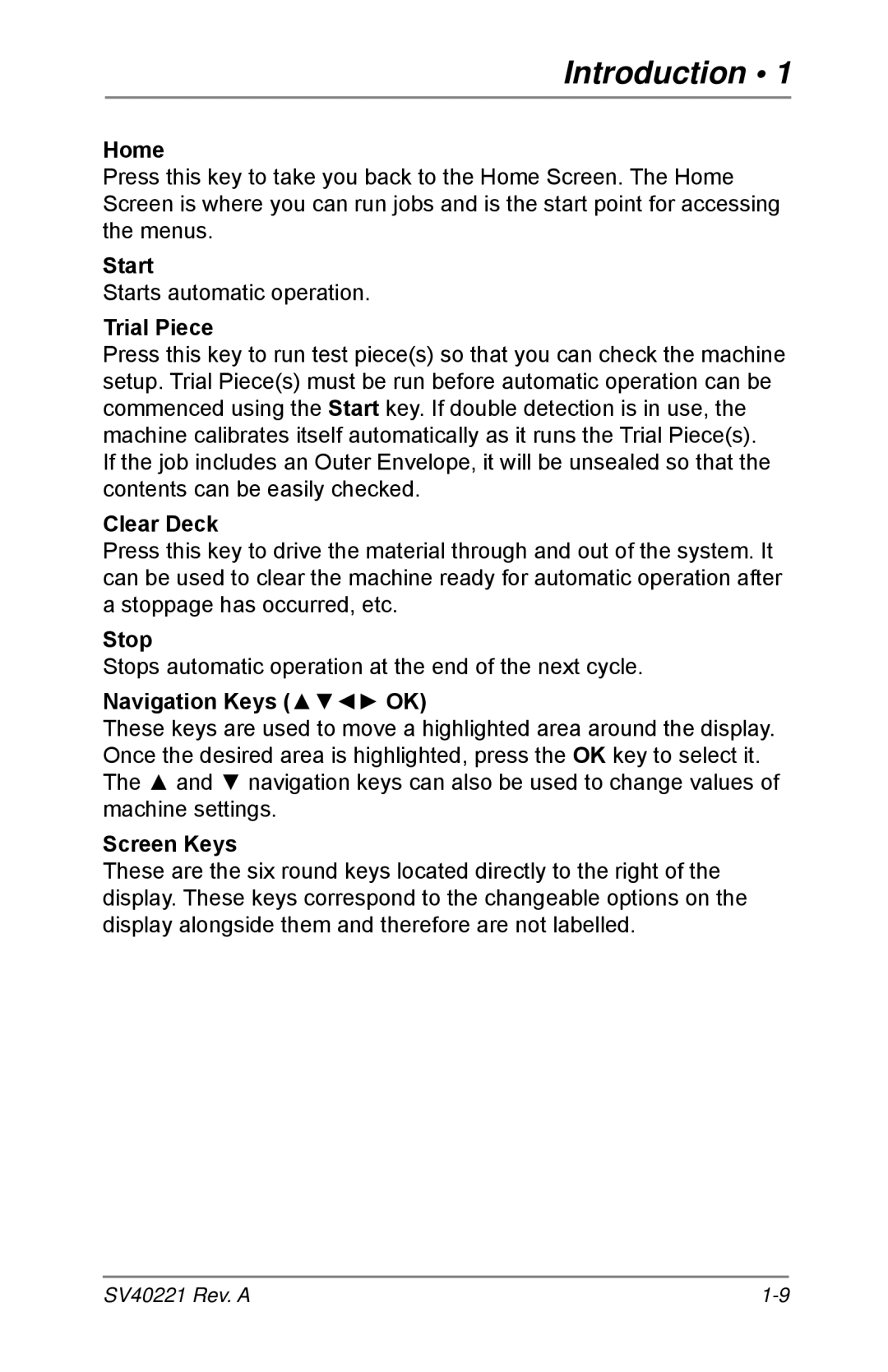 Pitney Bowes D1600, D1500 manual Home, Start, Trial Piece, Clear Deck, Stop, Navigation Keys OK, Screen Keys 