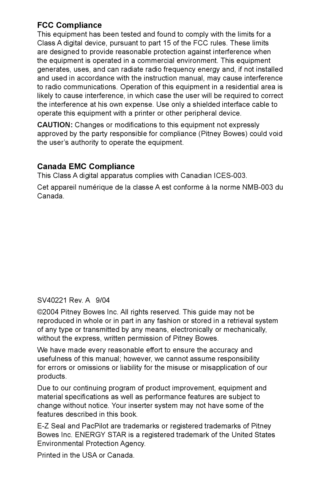 Pitney Bowes D1500, D1600 manual FCC Compliance Canada EMC Compliance 