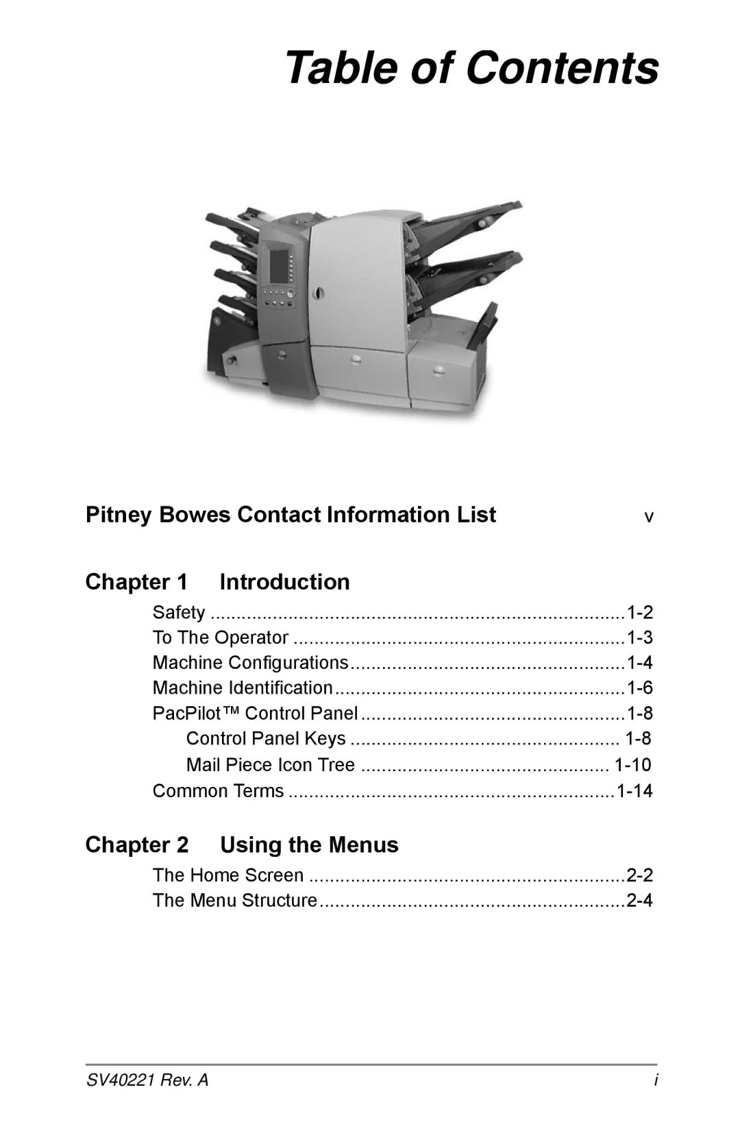 Pitney Bowes D1600, D1500 manual Table of Contents 