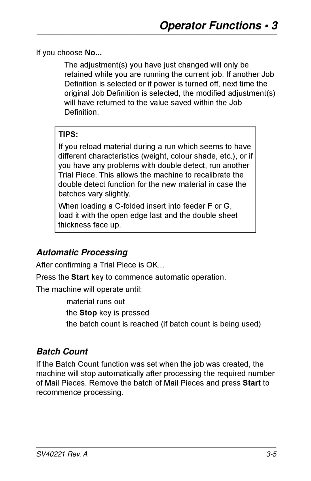 Pitney Bowes D1600, D1500 manual Automatic Processing, Batch Count 