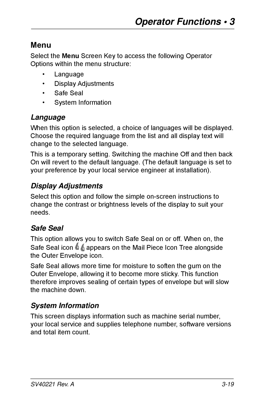 Pitney Bowes D1600, D1500 manual Menu, Language, Display Adjustments, Safe Seal, System Information 