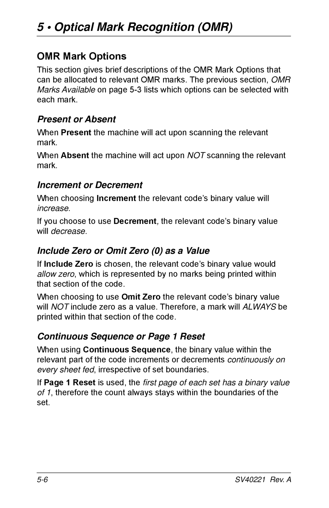 Pitney Bowes D1500 OMR Mark Options, Present or Absent, Increment or Decrement, Include Zero or Omit Zero 0 as a Value 