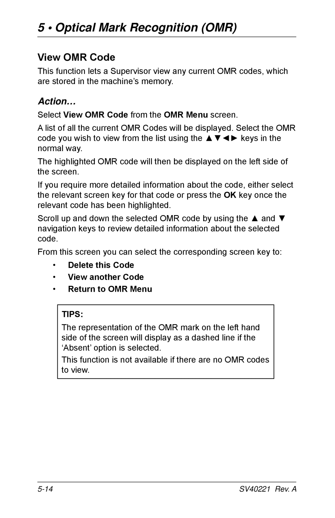 Pitney Bowes D1500, D1600 manual View OMR Code, Delete this Code View another Code Return to OMR Menu 