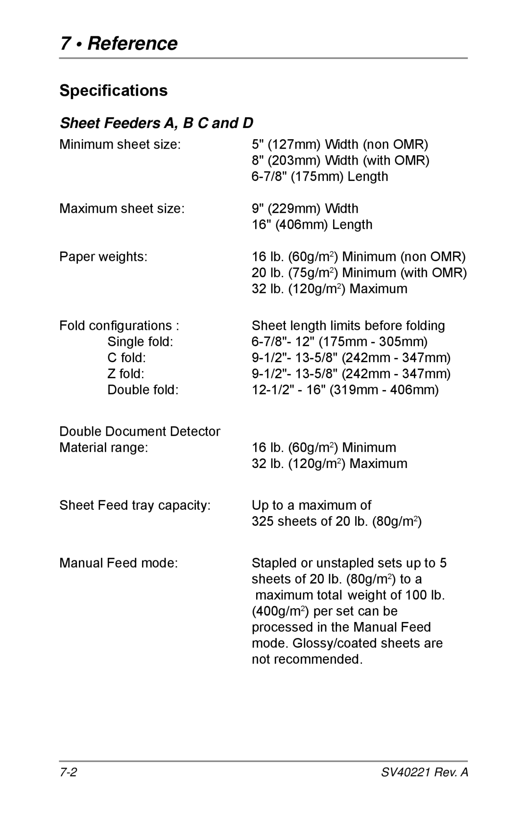 Pitney Bowes D1500, D1600 manual Specifications, Sheet Feeders A, B C and D 