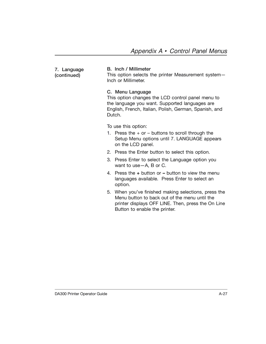 Pitney Bowes DA300 manual Appendix a Control Panel Menus 