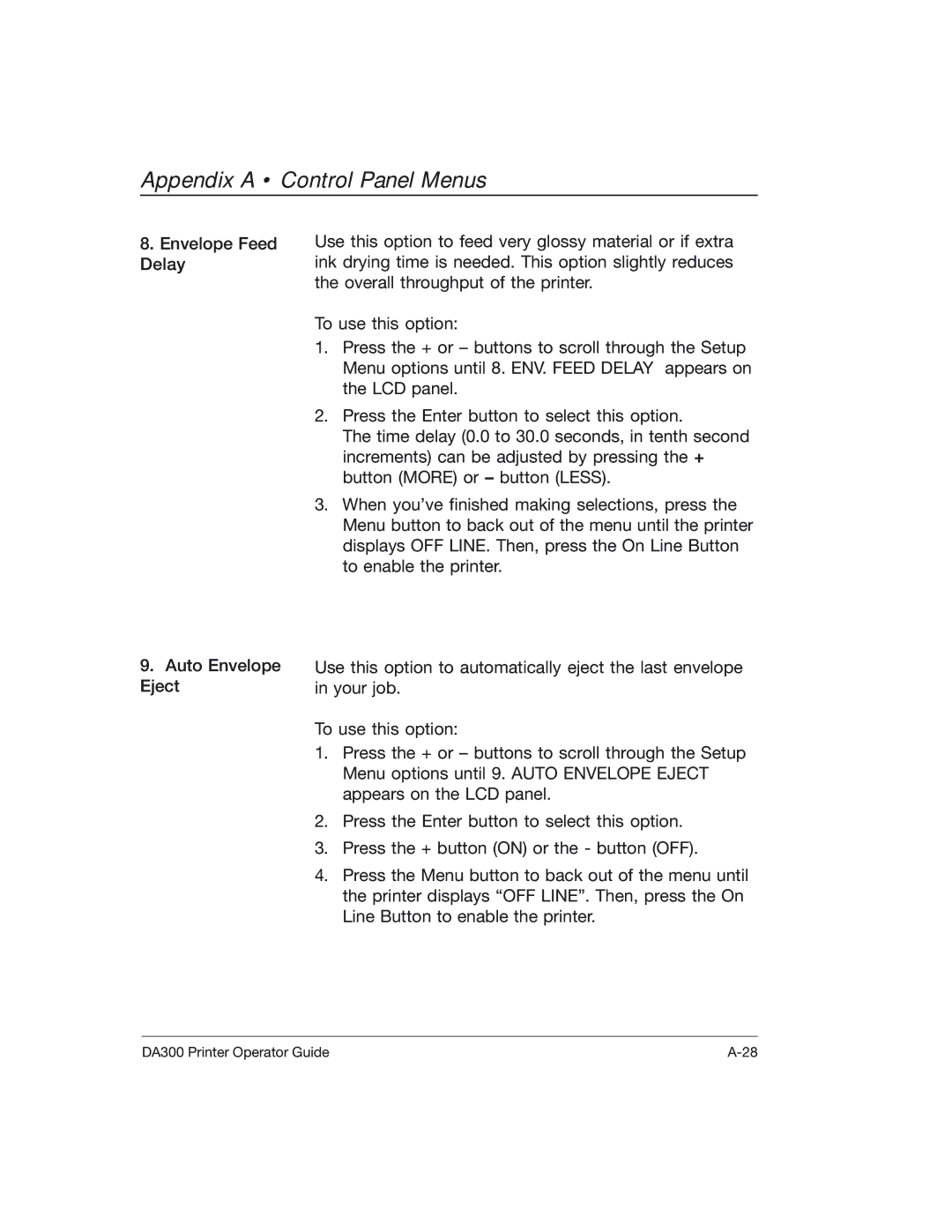 Pitney Bowes DA300 manual Appendix a Control Panel Menus 