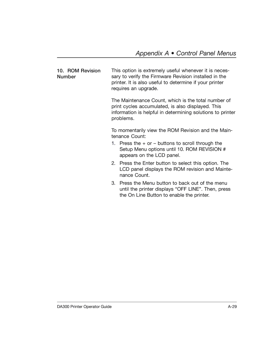 Pitney Bowes DA300 manual Appendix a Control Panel Menus 