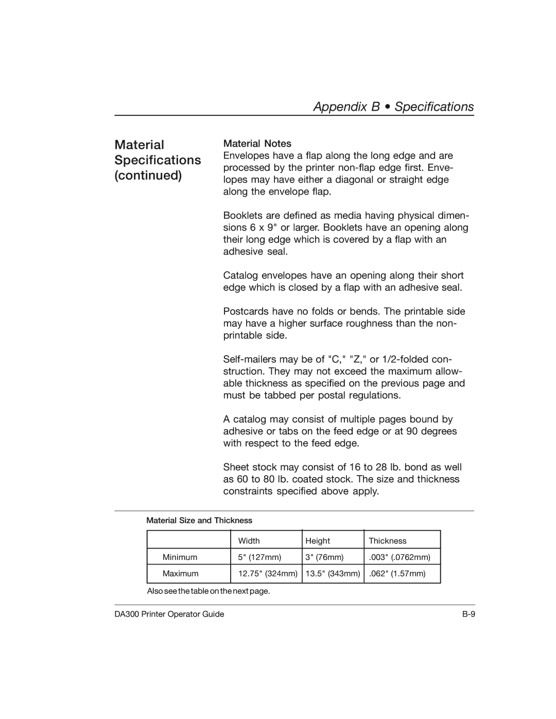 Pitney Bowes DA300 manual Appendix B Specifications 