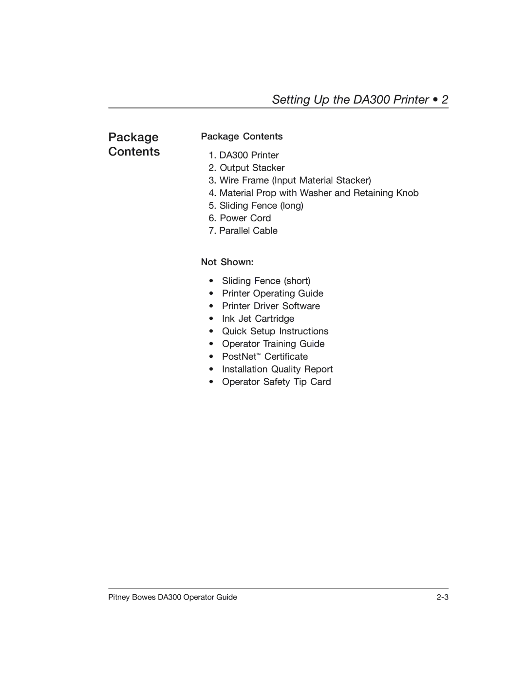 Pitney Bowes DA300 manual Package Contents 