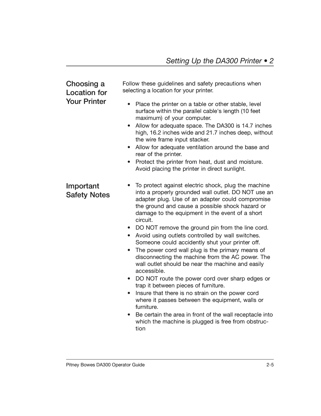 Pitney Bowes DA300 manual Choosing a Location for Your Printer Important Safety Notes 