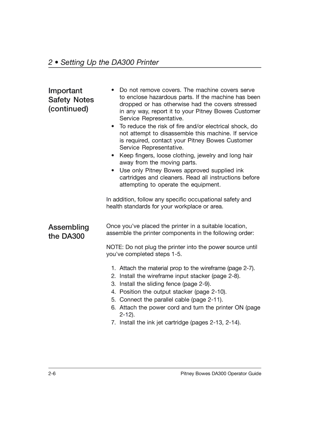 Pitney Bowes manual Important Safety Notes Assembling the DA300 