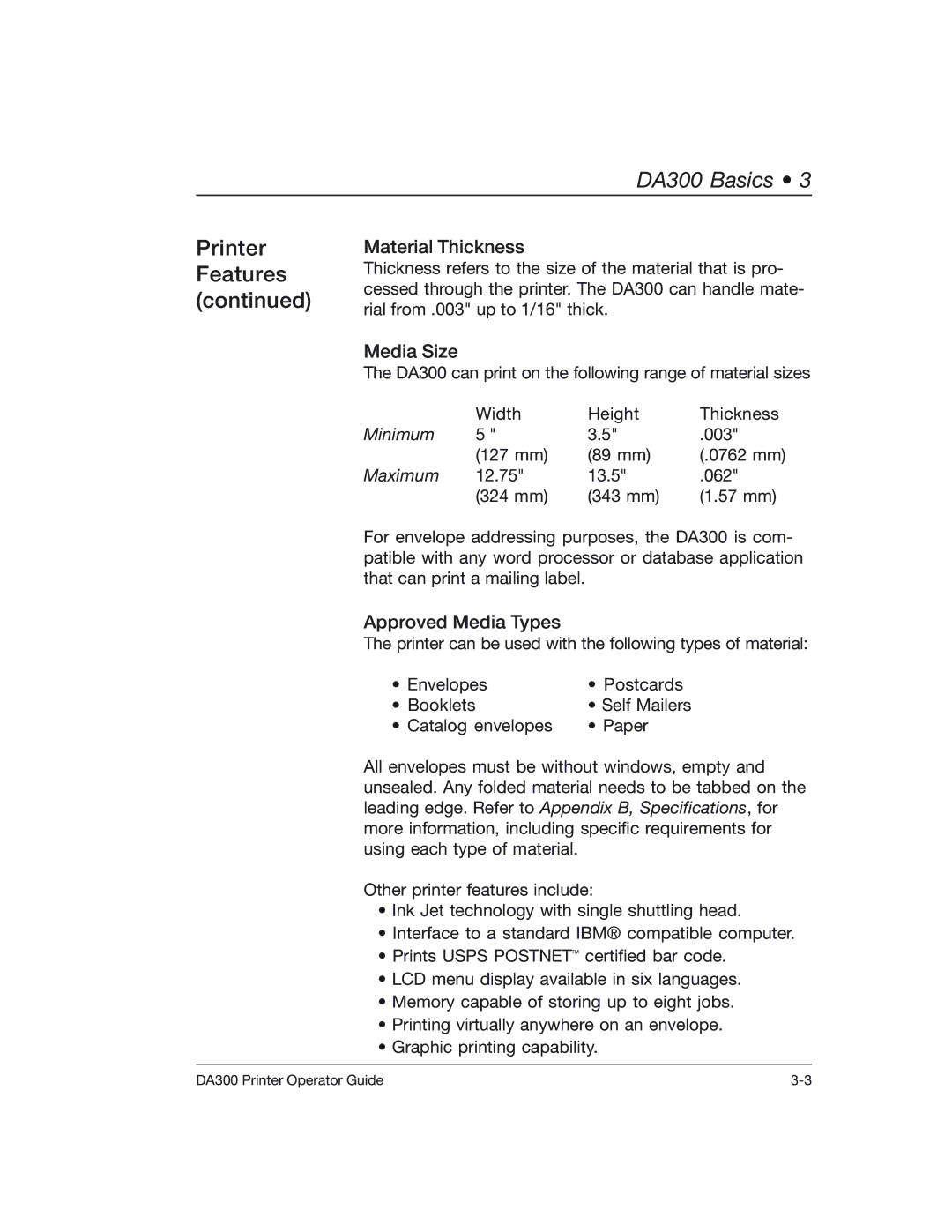 Pitney Bowes DA300 manual Material Thickness, Media Size, Approved Media Types 