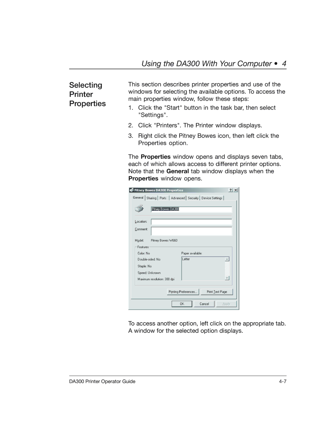 Pitney Bowes DA300 manual Selecting Printer Properties 