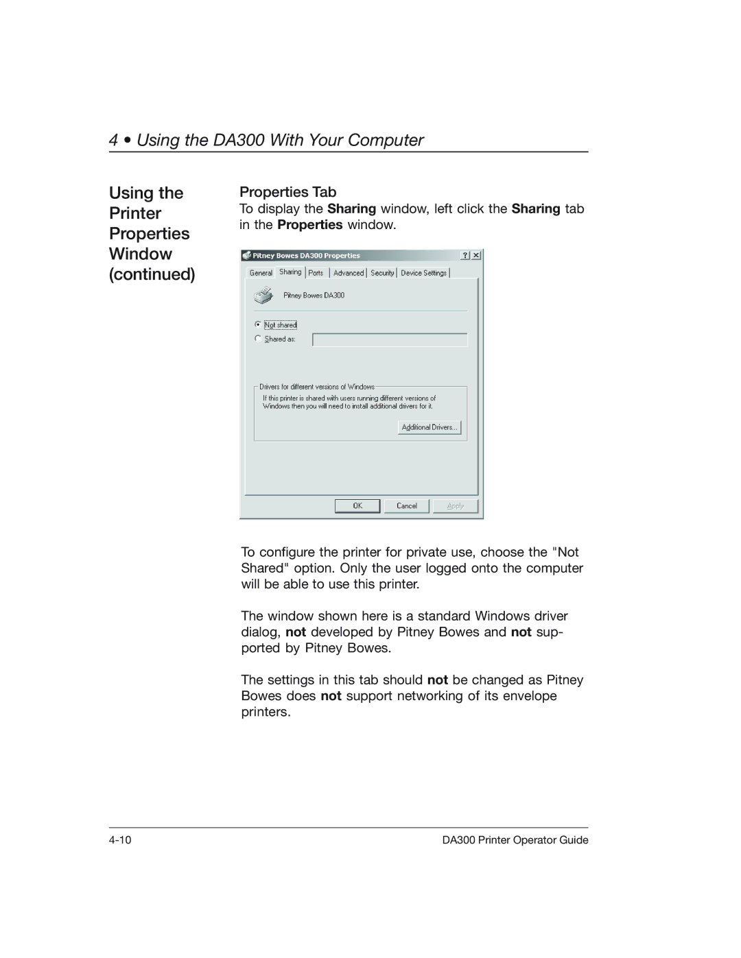 Pitney Bowes DA300 manual Using, Properties Tab 